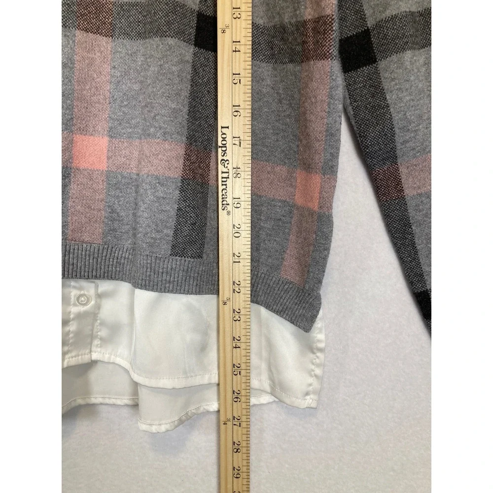 Preppy Tahari Women‎ Medium Grey Pink Plaid Layered Look Collared Sweater